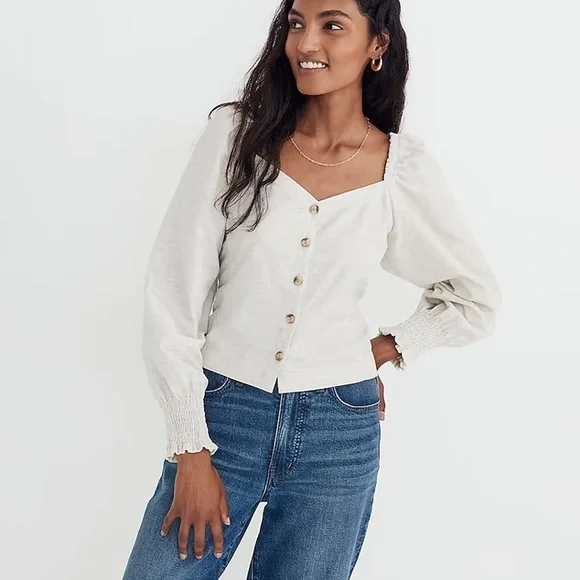 Madewell Corduroy Sweetheart Smocked-Back Top NG942 - Picture 1 of 5